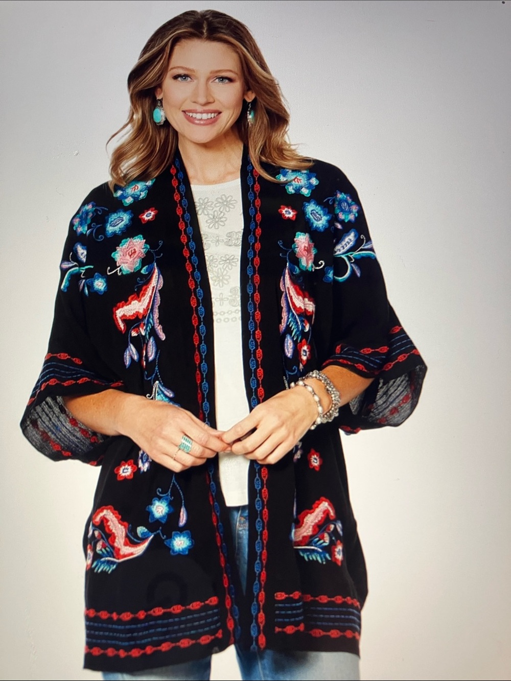 Curation Black Floral Embroidered Open-Front kimono